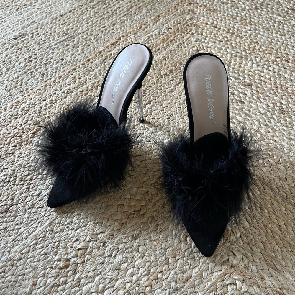 Public Desire Boudoir Feathered Stiletto Heels in Black | Size 5
